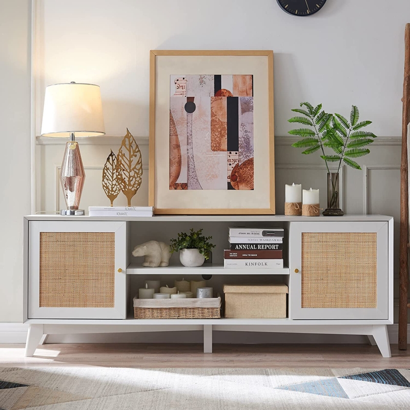 Linets TV Stand for 75+ Inch TV with Natural Rattan Door, Large Media Console with Adjustable Shelf
