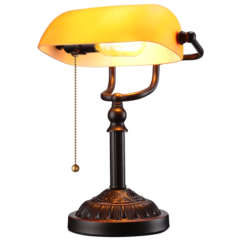 Livia Traditional Antique Style Banker Lamp, Amber Glass, Oil Rubbed Bronze Finish