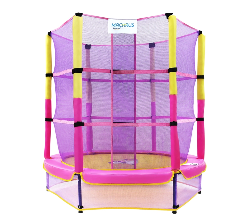 Machrus Bounce Galaxy 60 Inch Indoor Trampoline with Safety Net Enclosure, Spring-free Enclosed Mini Trampoline for Toddlers, & Kids with Bonus Stuffed Toy and Keychain