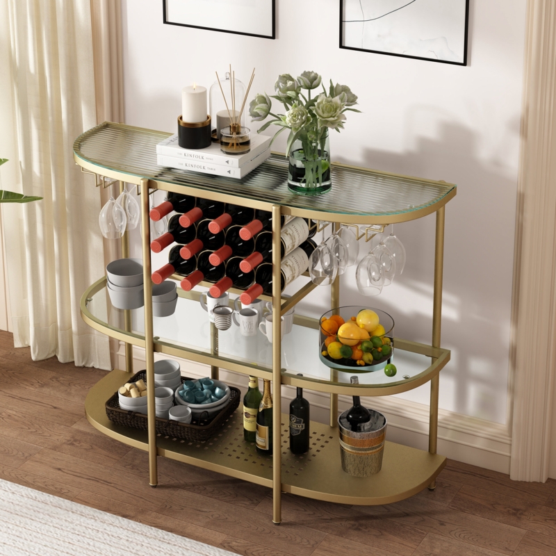 Malcho Metal Wine Bar Stand with 4-Tier Storage, Tempered Glass Wine Rack Table with Glass Holders