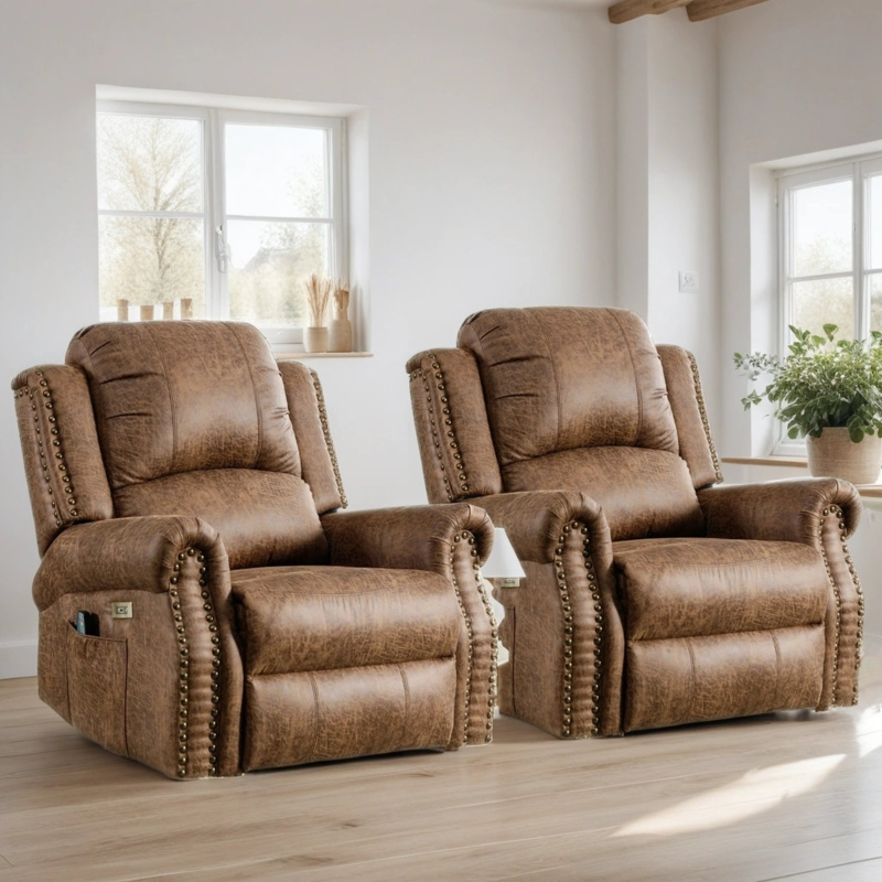 Maxwellton 39" Wide Top Leather Power Standard Recliner Chair Brass Nail Decoration Massage Heating