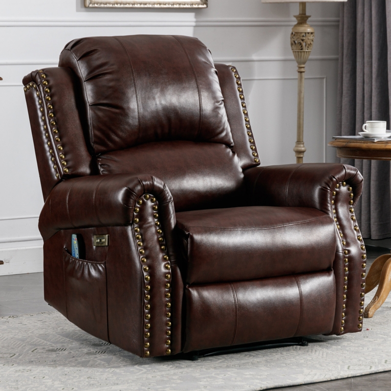 Maxwellton 39" Wide Top Leather Power Standard Recliner Chair Brass Nail Decoration Massage Heating
