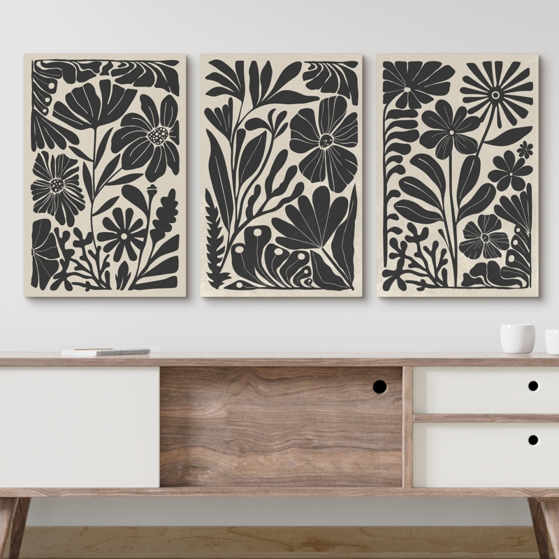 Mid-Century Modern Boho Black And White Abstract Floral Botanical Art Decor Canvas Print Wall Art
