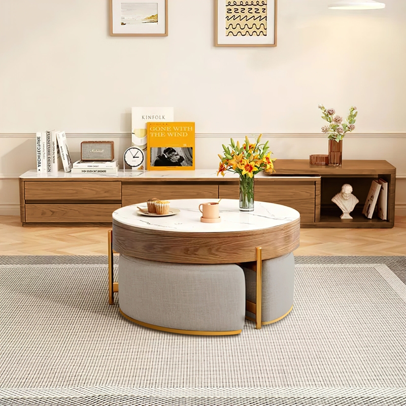 Modern Round Faux Marble Lift-Top Coffee Table Set with Stools and Storage