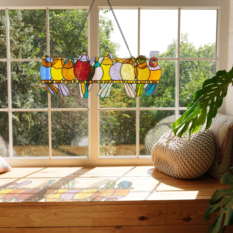 Multi-Colored Stained Glass Birds on a Wire Window Panel