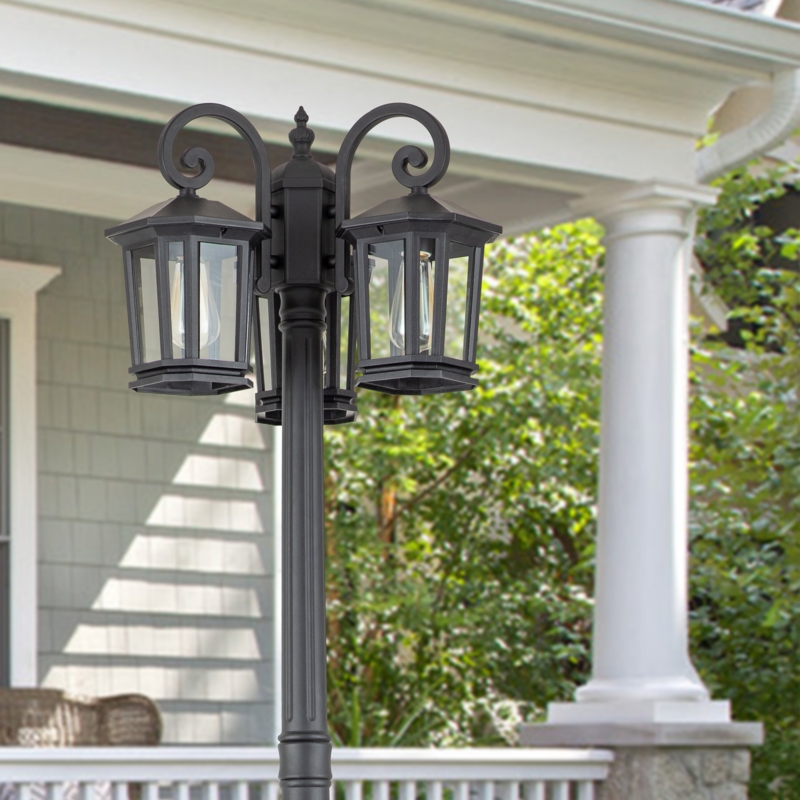 Omaha 3-Light 76.25"H UV Resistant Dimmable Black Outdoor Street Light/Lamp Post (Full)