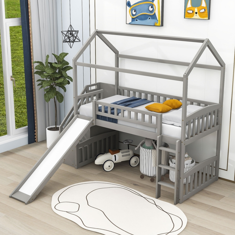 Orwin Twin Size House Loft Bed with Slide and Storage
