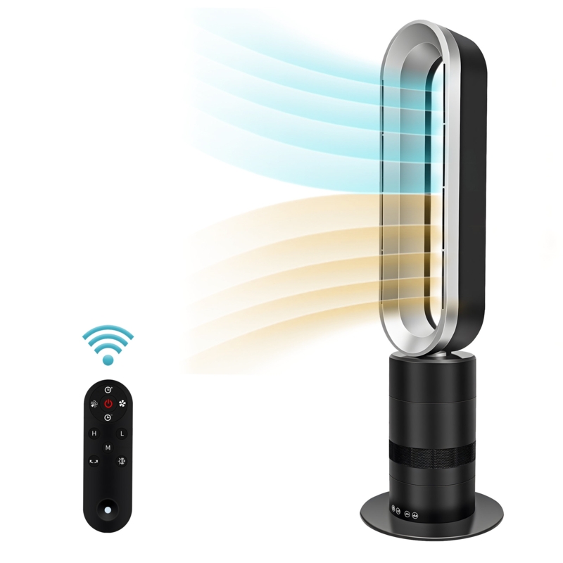 Oscillating Bladeless Tower Fan and Heater Combo with Remote Control 10 Speeds 9H Timer Thermostat