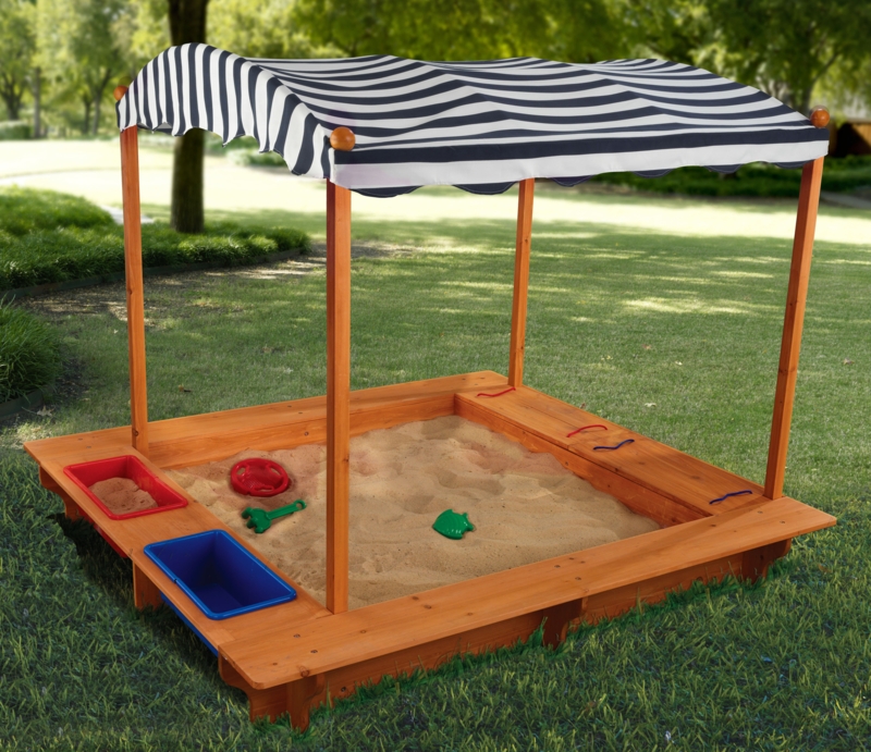 Outdoor Covered Wooden Sandbox with Bins and Striped Navy u0026 White Canopy