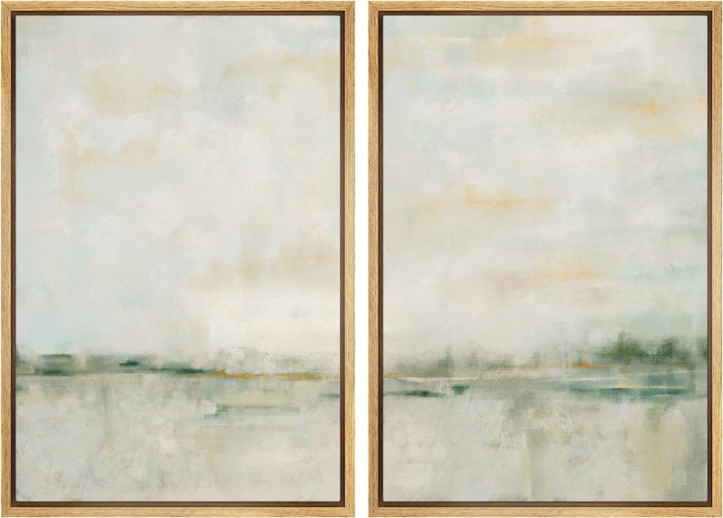 Pastel Green Abstarct Lake Landscape Neutral Minimalist Framed Canvas 2 Pieces Print Set Wall Art