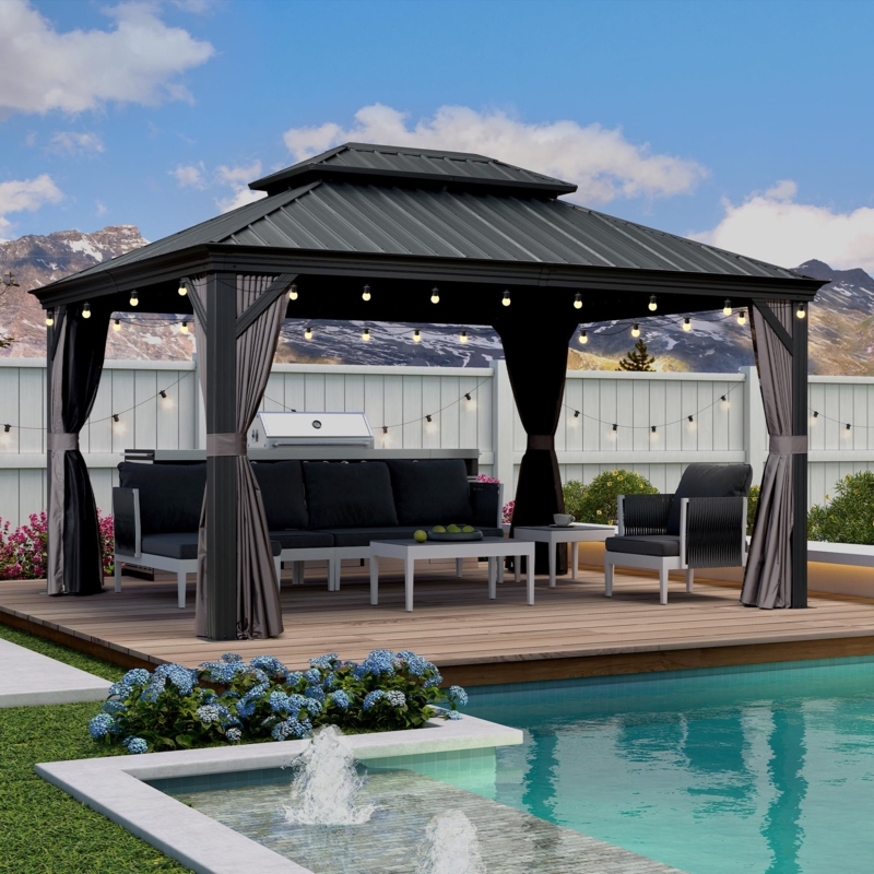 Purple Leaf 11' X 14' Outdoor Gazebo With Galvanized Steel Metal Roof Permanent Hardtop Gazebo With Light For Patio Lawn And Garden Large Pavilion Grey