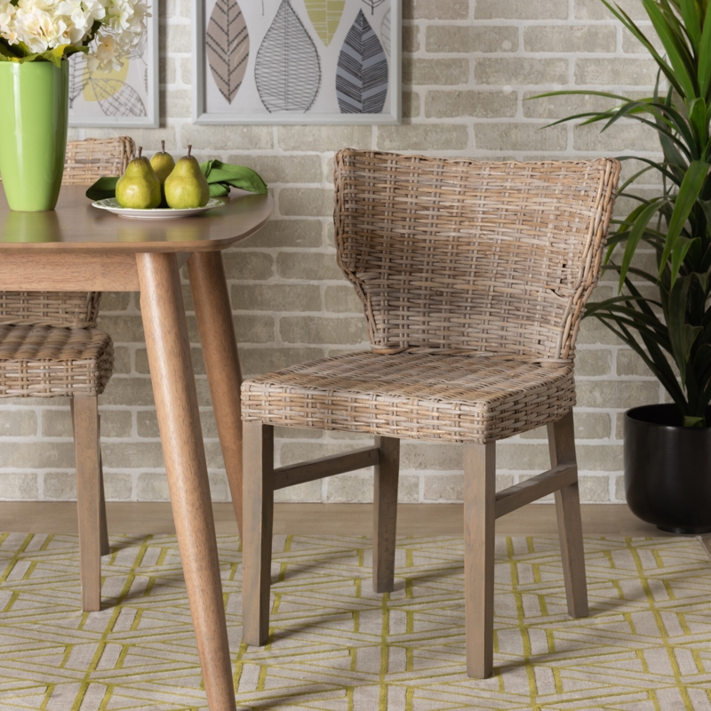 Rattan and Mahogany Wood Side Chair in Gray
