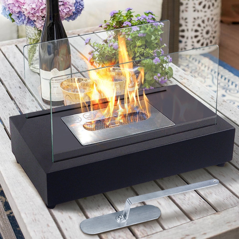 Rectangle Tabletop Firepit with 2 Glass Panels,Portable Bio-Ethanol Fireplace