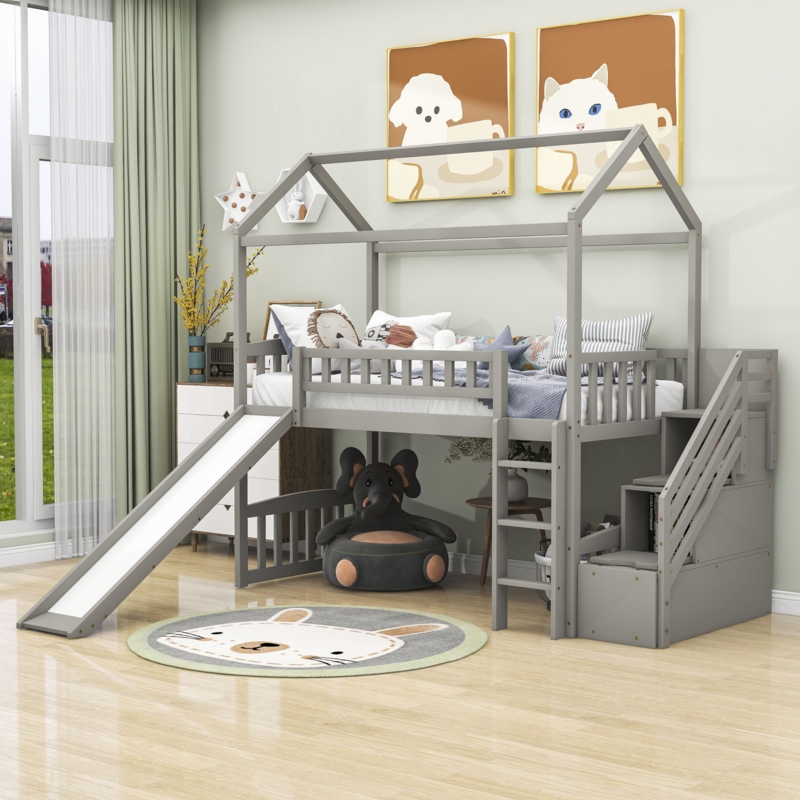 Robenson Twin Size Wood Loft Bed With Storage Stairs And Slide