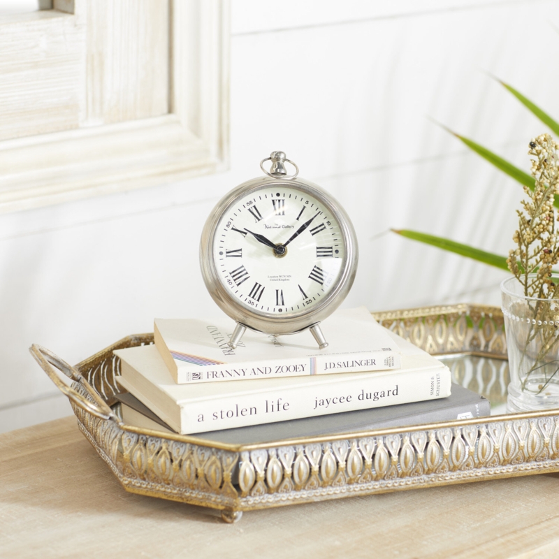 Roman Numeral Stainless Steel Mechanical Tabletop Clock in Silver