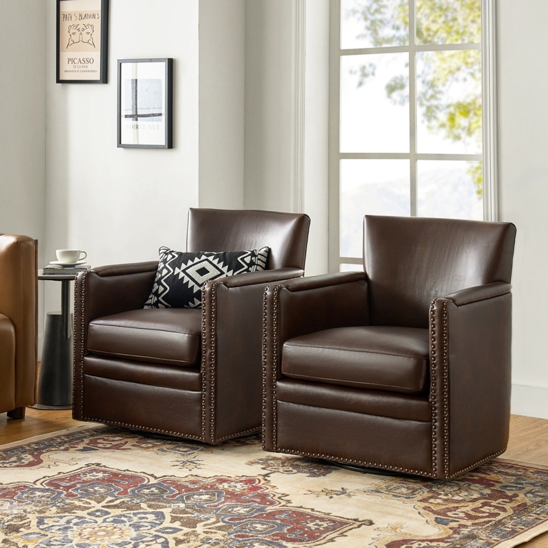 Sandra 29'' Wide Genuine Leather Swivel Chair (Set Of 2)