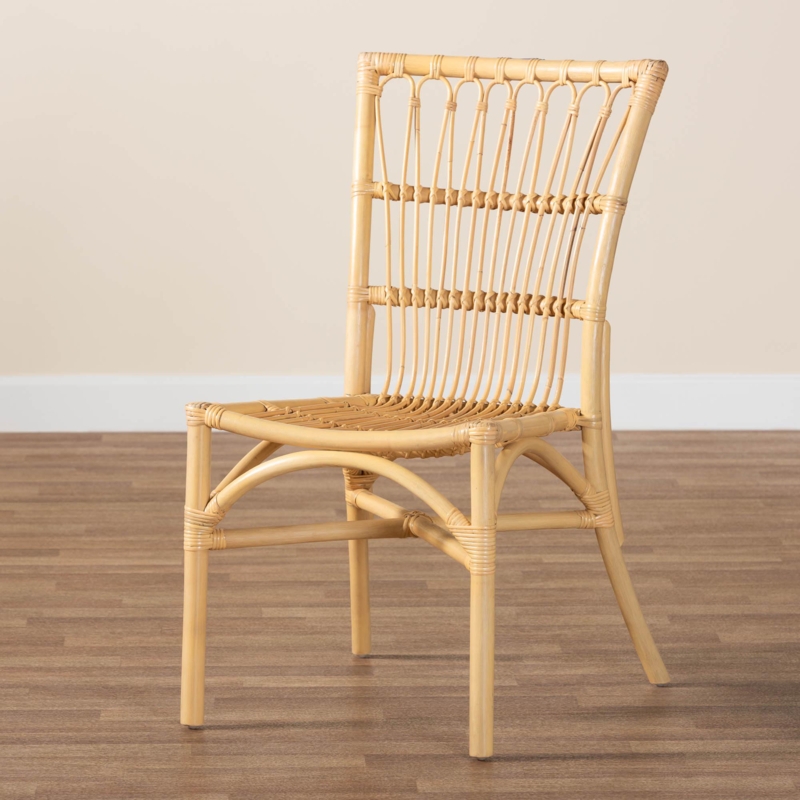 Slat Back Rattan Side Chair in Natural Brown