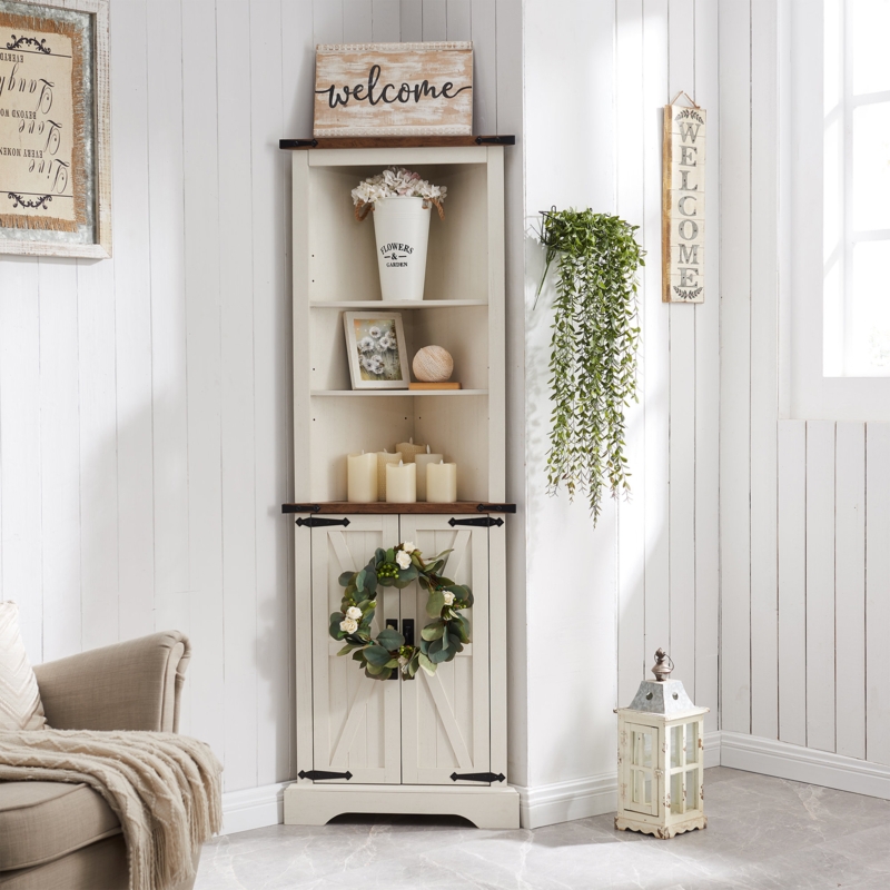 Snake River Tall Corner Cabinet, Farmhouse Storage Cabinet with Barn Door Shelves for Bathroom