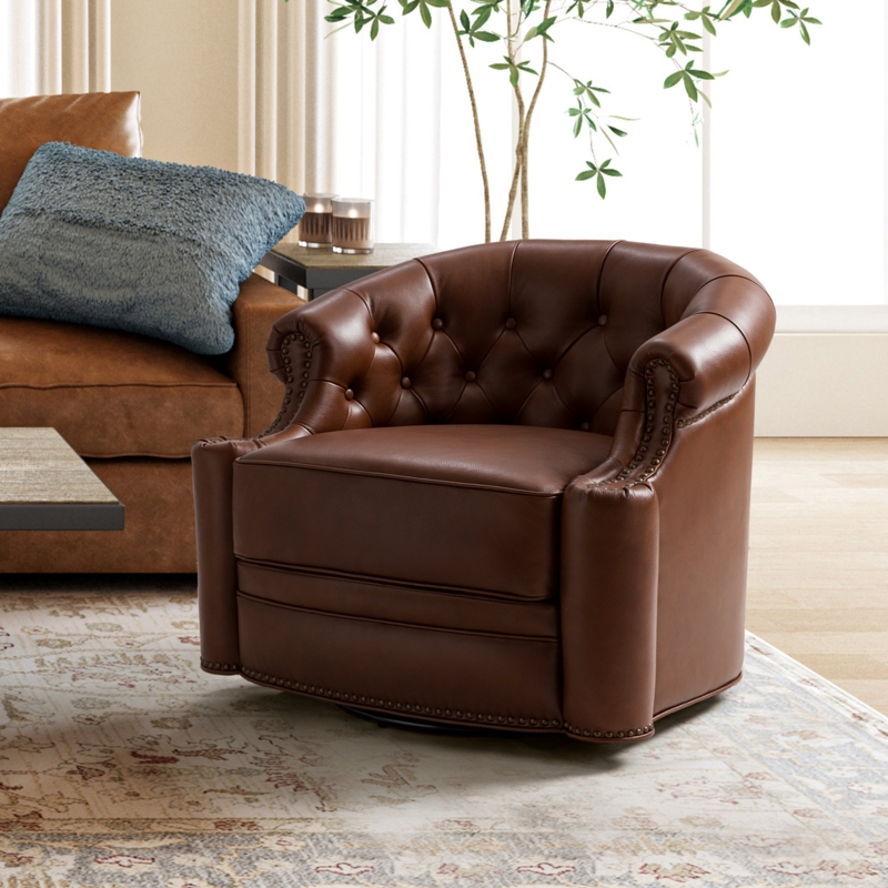 Spaeth Genuine Leather Swivel Chesterfield Barrel Chair