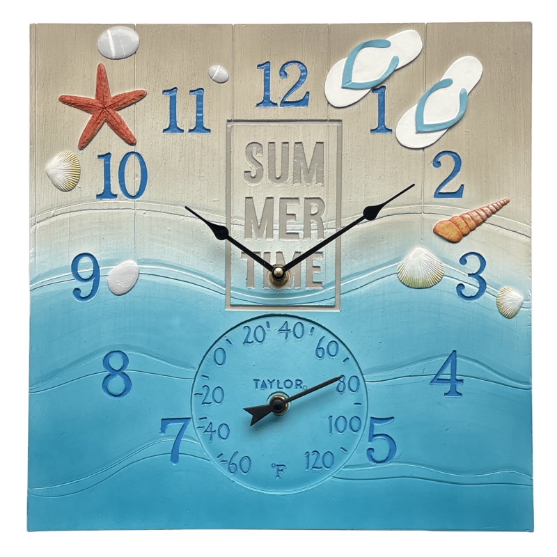 Taylor Precision Products, Summertime Poly Resin Clock and Thermometer,14 Inch, Blue
