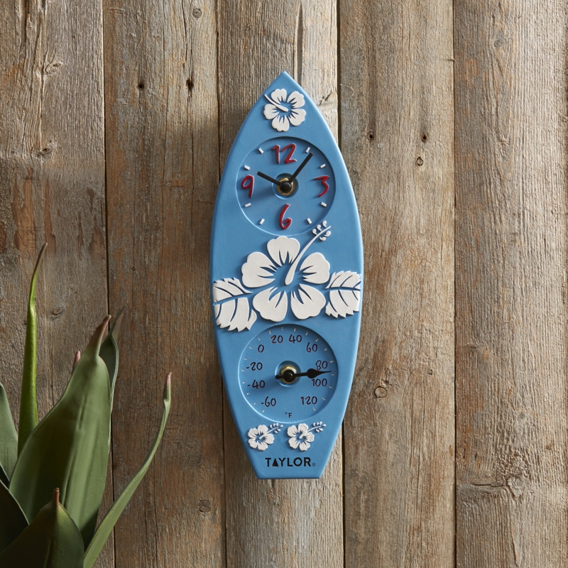 Taylor Precision Products, Surfboard Poly Resin Clock and Thermometer, 14 Inch, Multi-Color