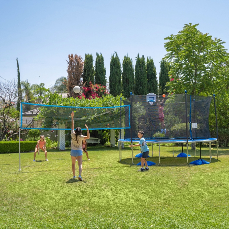 Trujump 14' Trampoline And 6-Pole Enclosure Combo With Water Anchors, Basketball Hoop, And Badminton & Volleyball