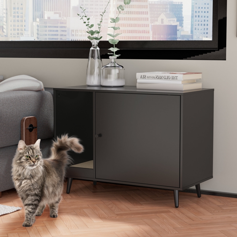 Tucker Murphy Pet Cat Litter Box Enclosure, Mid-century Cat Litter Box Hidden With Scratching Pad, Cat Litter Box Furniture, Indoor Cat House With Door, Cat Washroom, Wooden Cabinet Furniture As End Table