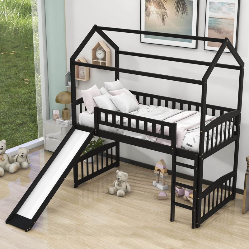 Twin Size House Wood Loft Bed with Slide
