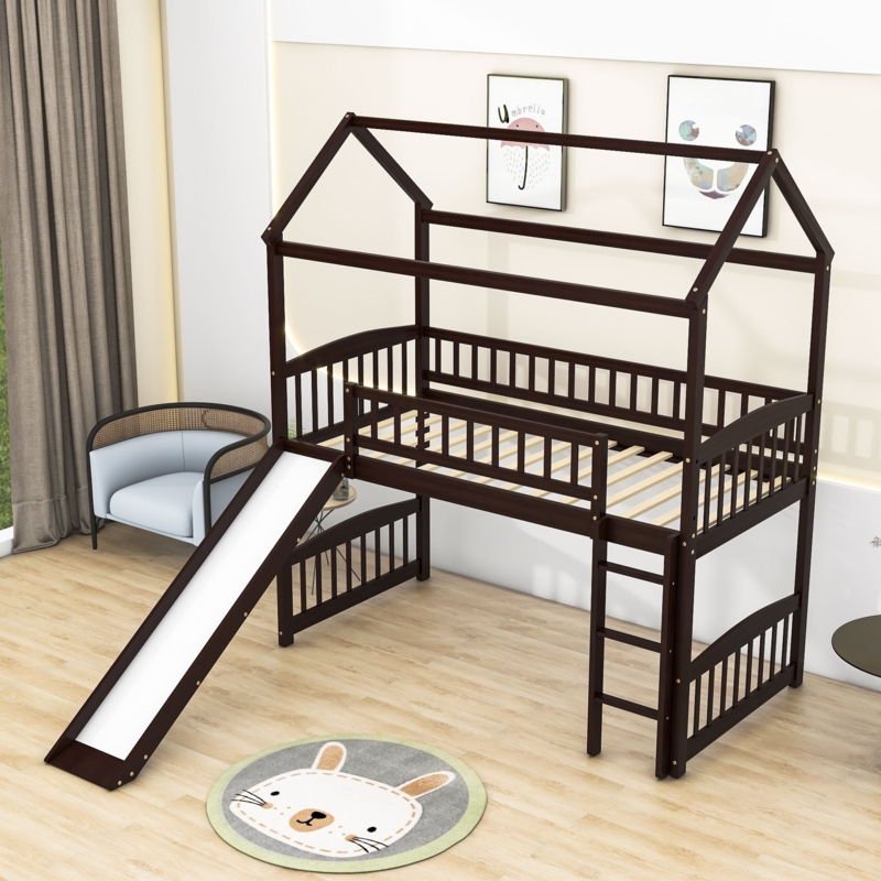 Twin Size Wood Loft Bed,House Loft Bed with Slide