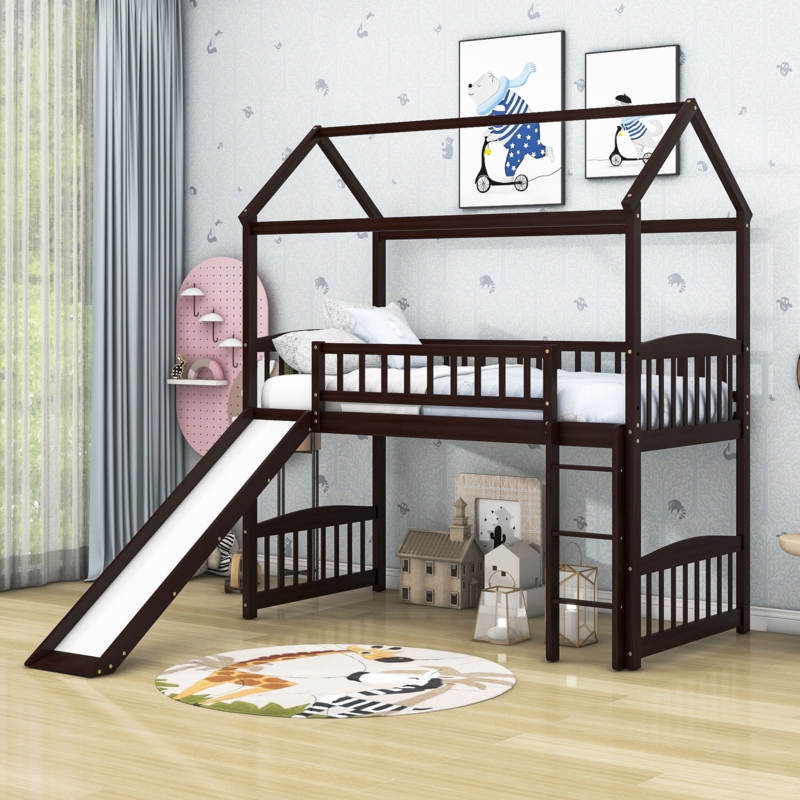 Twin Size Wooden House Loft Bed with Slide