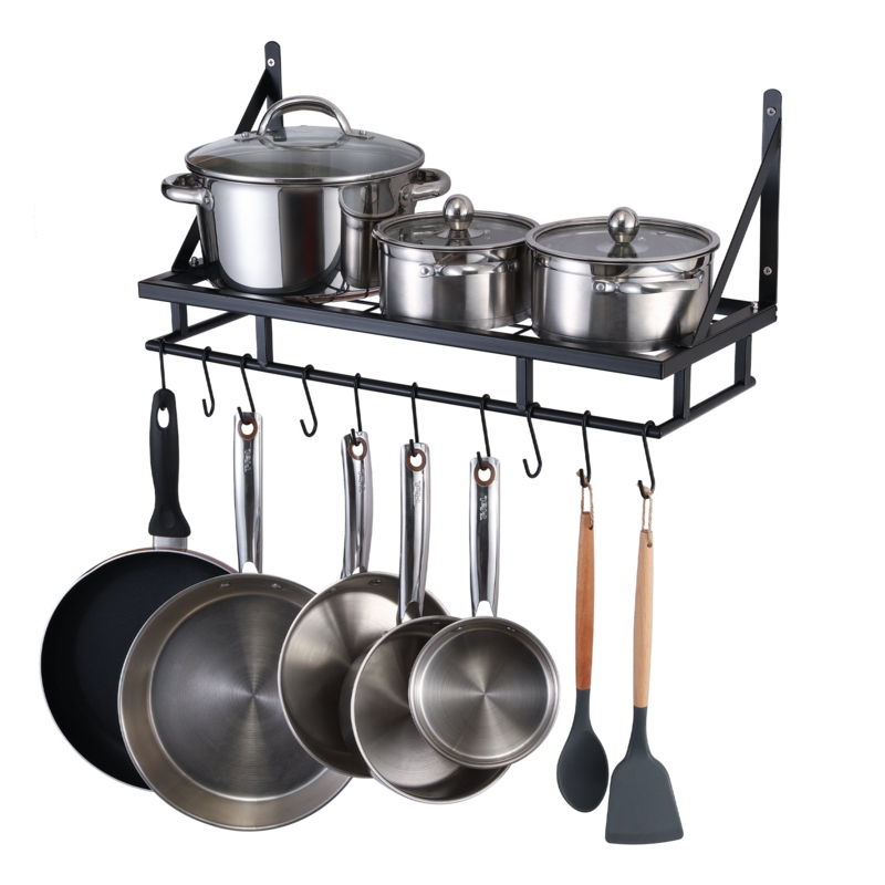 Wall Mounted Pot Rack Kitchen 24 Inch Hanging Storage Organizer Wall Shelf with Hooks Matte Black