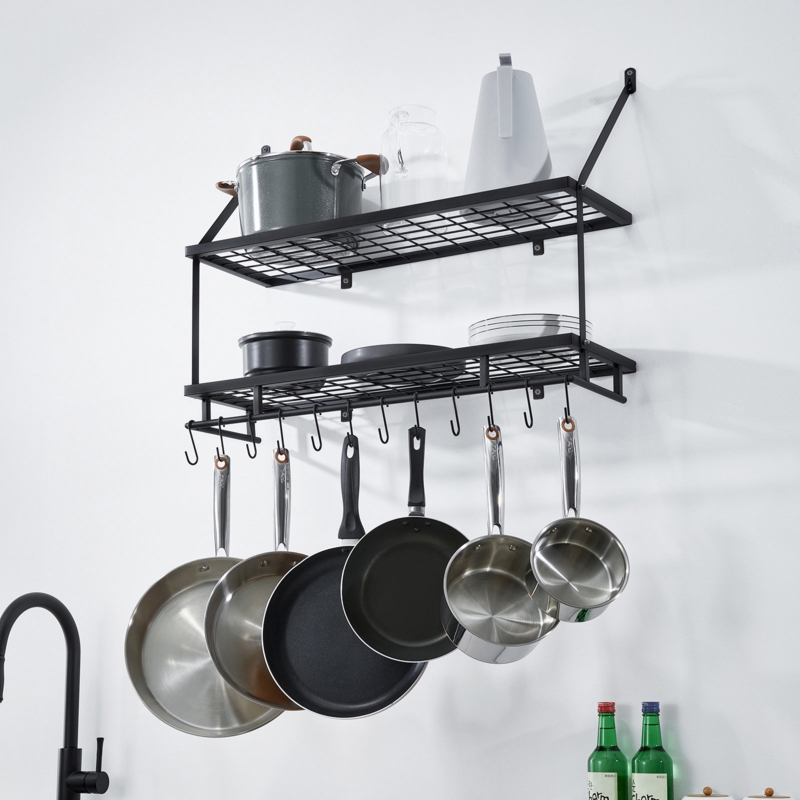 Wall Mounted Pot Rack Kitchen 30 Inch 2-Tier Wall Shelf with 12 Hooks Matte Black