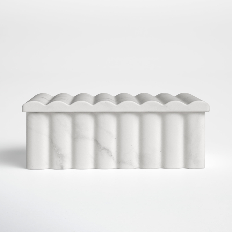 White Marble Storage Box - Contemporary Ridged 7" x 3" Decorative Box with Lid for Home or Office Decorative Storage Accent - Easy Gift Idea
