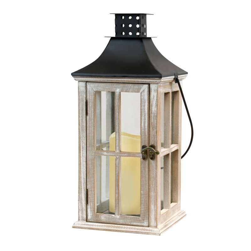 White Washed with Black Roof Wooden Lantern with Battery Operated Candle