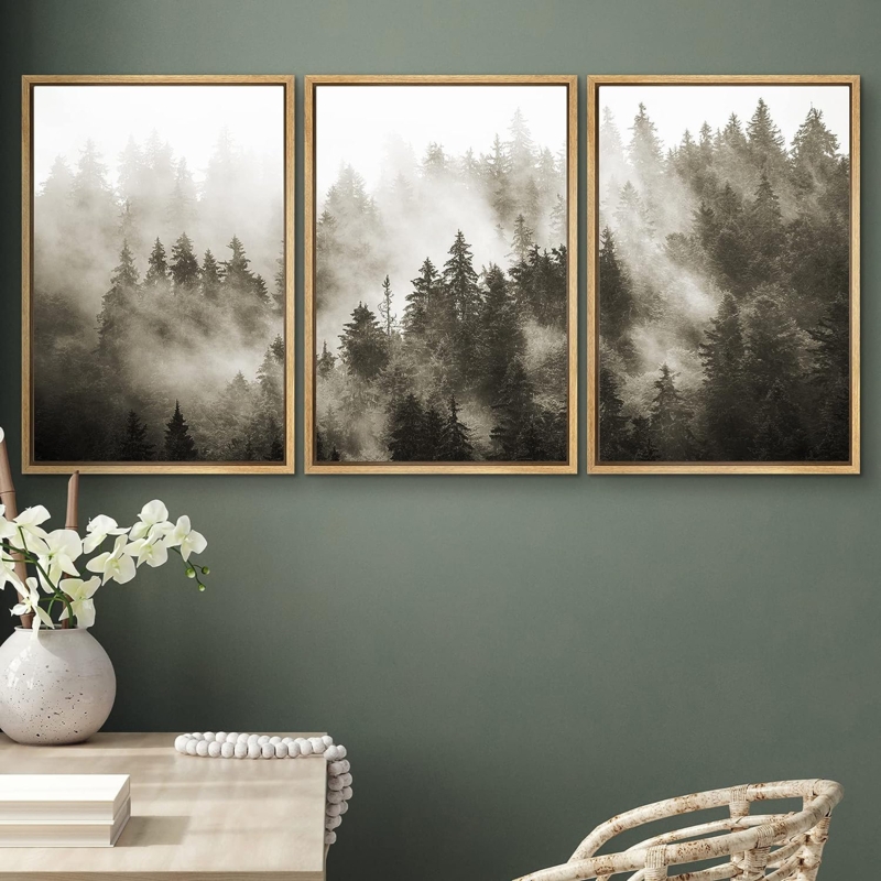 Woodland Nursery Decor Set Duotone Blue Misty Pine Tree Forest Nature Framed On Canvas 3 Pieces Print