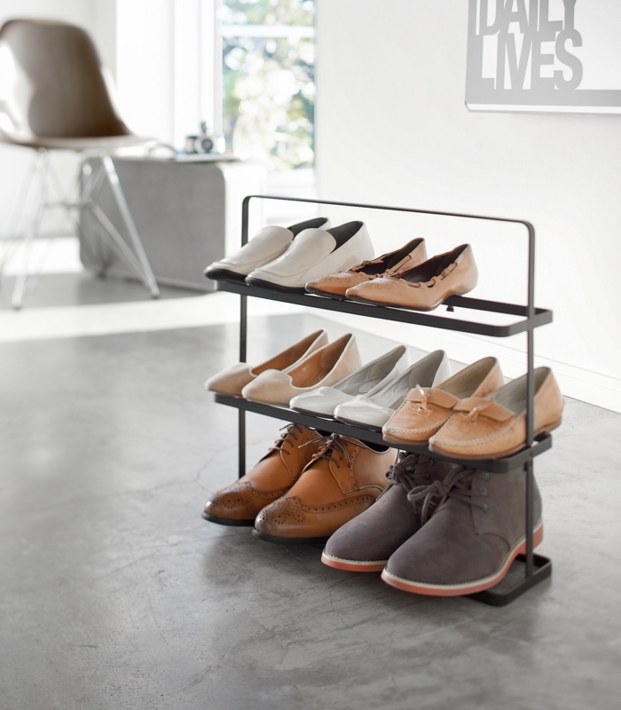 Yamazaki Home Shoe Rack, Wide, Short, Steel, Short, Holds 6 to 9 shoes, Handles