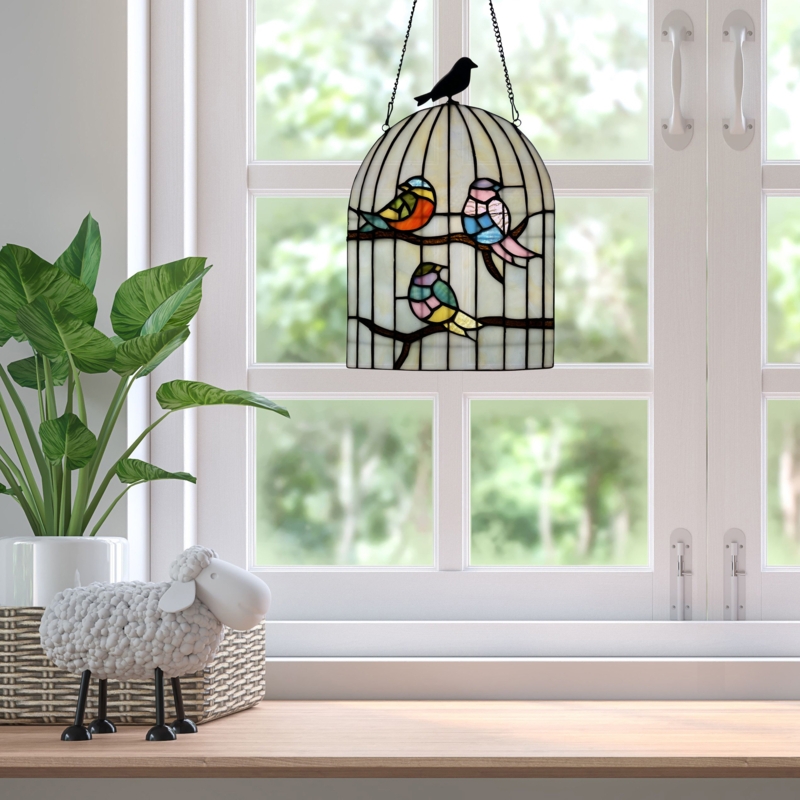 13.25"H Clear Bird Cage Stained Glass Window Panel