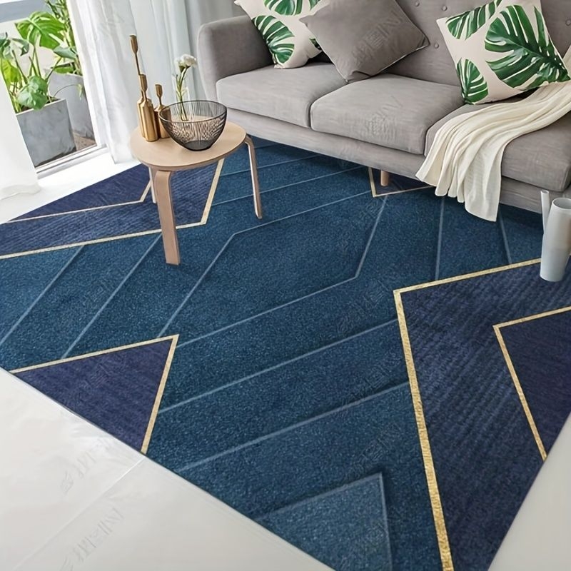 1pc Geometric Abstract Area Rug, Stain Resistant Golden Line Art Gallery Geometric Pattern Floor Carpet, Soft Non-shedding For Living Room Bedroom Decor, Home Decor, Royal Blue