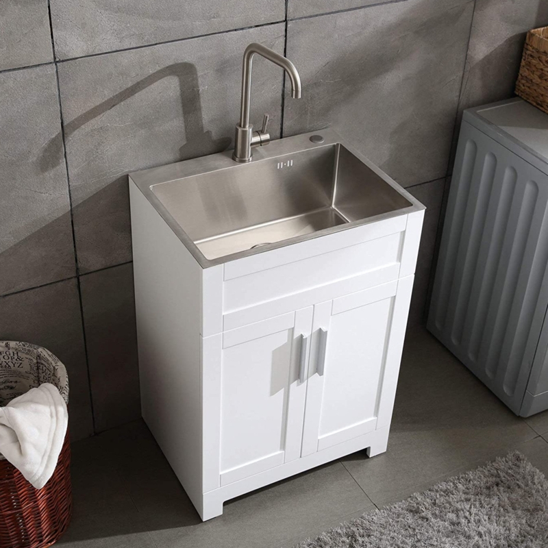 24 Inch Laundry  Cabinet With Faucet And Stainless Steel Sink With 1 Storage Compartment, For The Laundry Room, Utility Room, Contemporary