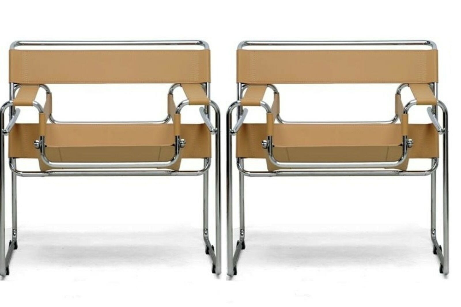 2x Chromed Steel Tube Frame Chairs With Light Brown Tan Camel Leather Straps
