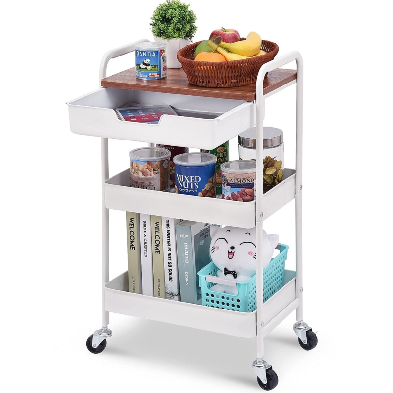 3-Tier Stainless Steel Utility Rolling Cart with Drawer