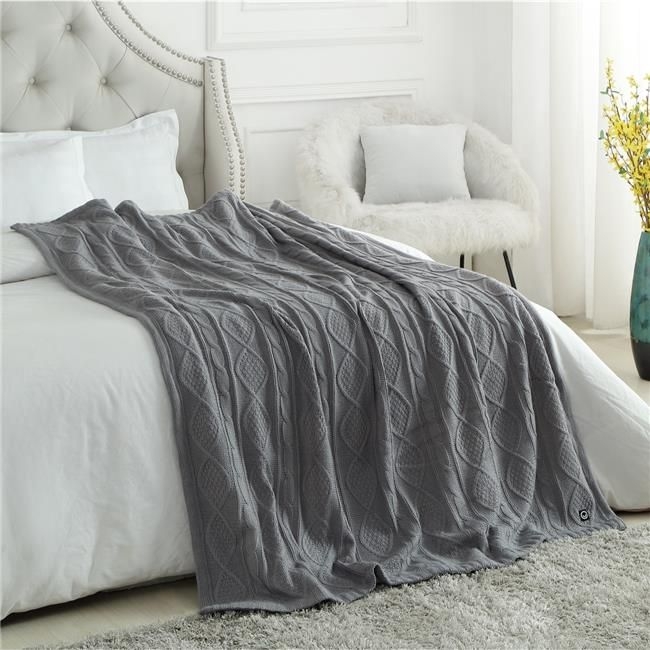 50 x 60 in. Sacha Cable Knit Throw Blanket, Light Grey