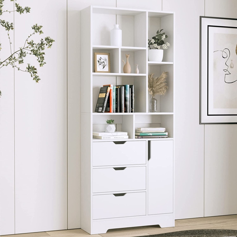 71" H Wood Stylish Bookcase Storage Bookshelf with Cabinet, 3 Drawers, 4-Tier Open Display Shelves