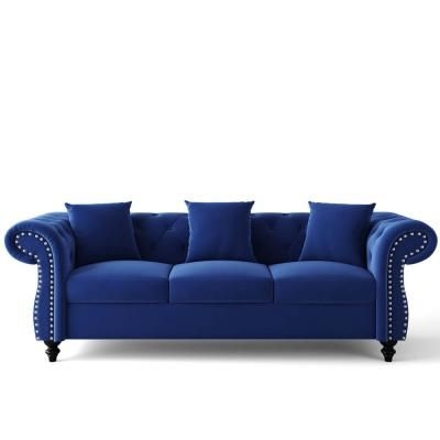 80 in Wide Flared Arm Fabric Mid-Century Modern Straight Sofa in Blue