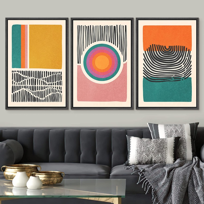 Abstract Vibrant Color Blocks Mid-Century Multicolor Color Block Shape Abstract Geometric Framed On Canvas 3 Pieces Print