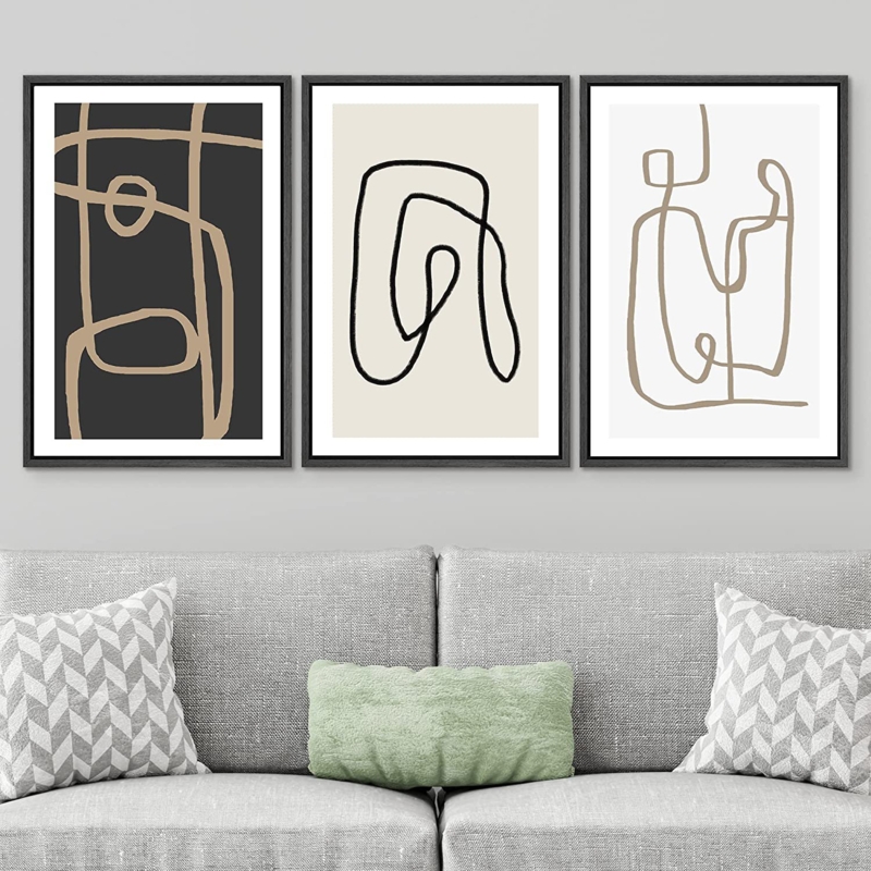 Aesthetic Abstract Black Line Polygons Minimalist Modern Wall Art Framed On Canvas 3 Pieces Print