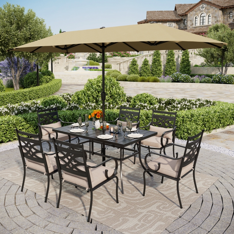 Aivo 6 - Person Rectangular Outdoor Patio Dining Set with Umbrella, Cushions & Pillows