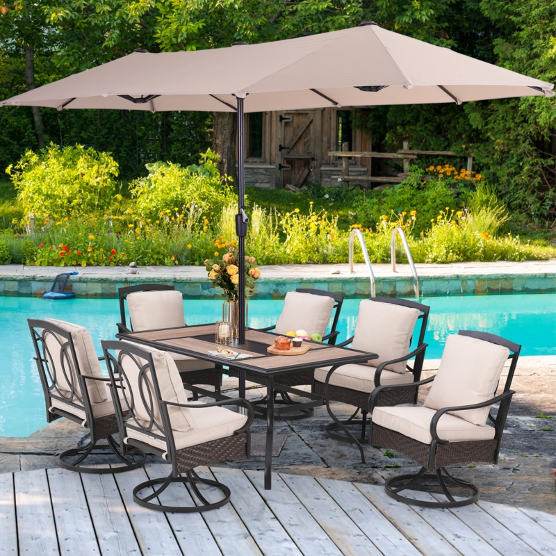 Alyah 6 - Person Rectangular Outdoor Dining Set with Swivel Chairs & Thick Cushions