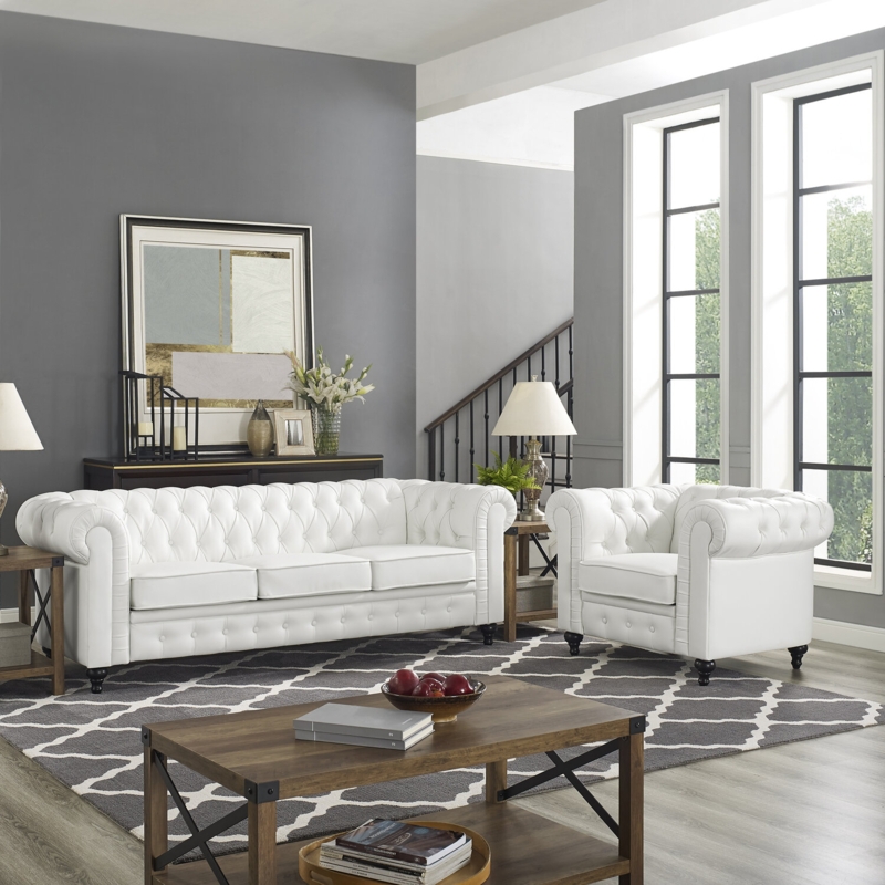 Arlisha 2 Piece Living Room Set PU Leather Chesterfield Button Tufted Couch Set with Sofa and Accent chair