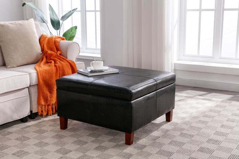 Azalya Faux Leather Storage Ottoman with Rubberwood Legs